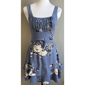 Mi ami Women Mini Dress Sz XXS Blue Background Floral Ruched Bodice Fit & Flare